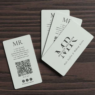 Elegantes Monogramm Blassgrün Social Media & QR Co Visitenkarte