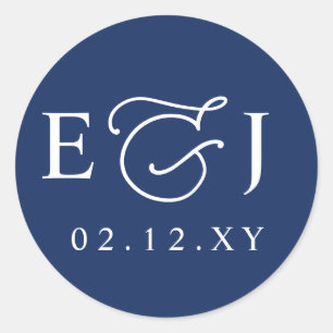 Elegantes Monogramm Blau Hochzeit Runder Aufkleber