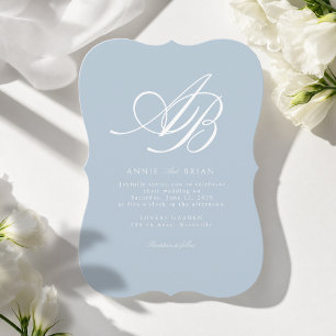 Elegantes Monogramm Blau Weiße Hochzeit Einladung