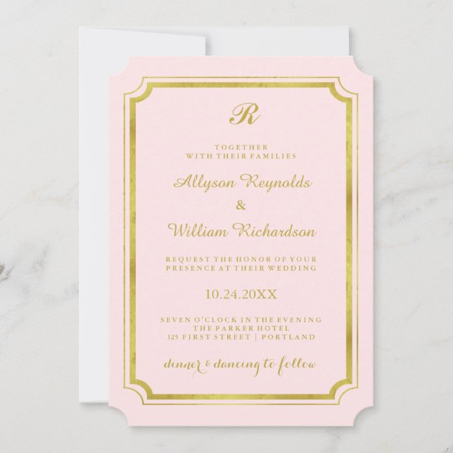 Elegantes Monogramm Blush Rosa und Imitate Gold Ho Einladung (Vorderseite)