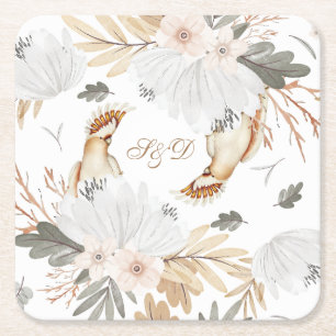 Elegantes Monogramm Boho-Aquarellblumen & Vögel Rechteckiger Pappuntersetzer