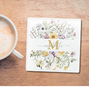 Elegantes Monogramm Bunter Wildblumengarten Blumen Glasuntersetzer