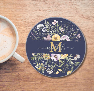 Elegantes Monogramm Bunter Wildblumengarten Floral Getränkeuntersetzer