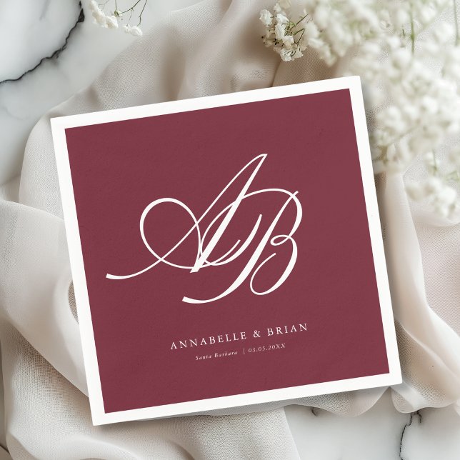 Elegantes Monogramm Burgunder Hochzeit  Serviette (Elegant Monogram Burgundy Wedding Napkins)
