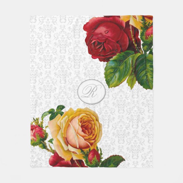 Elegantes Monogramm Damask Floral Fleecedecke (Vorderseite)