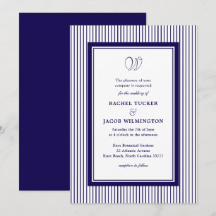 Elegantes Monogramm Dunkelblau Gestreiftes Hochzei Einladung