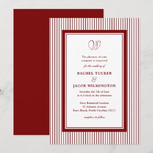 Elegantes Monogramm Dunkelrote gestreifte Hochzeit Einladung
