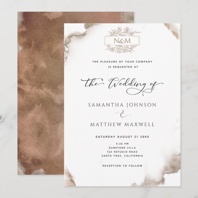 Elegantes Monogramm, erdfarbene Töne Wasserfarbe,  Einladung (Vorne/Hinten)