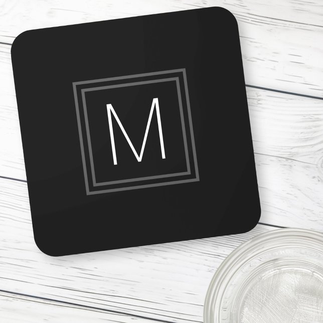 Elegantes Monogramm, erster schwarzer Doppelgrau Getränkeuntersetzer (Elegant monogram initial double gray border black beverage coaster)