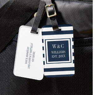 Elegantes Monogramm Familienname Navy Blau Streife Gepäckanhänger