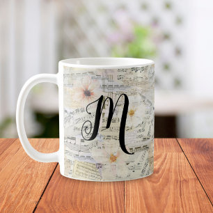 Elegantes Monogramm Florales Vintage-Notenblatt Kaffeetasse