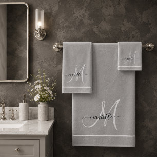 Elegantes Monogramm Grau Weiß Schrift Name Badhandtuch Set