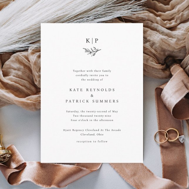 Elegantes Monogramm Grün Blätter Einfache Hochzeit Einladung (Simple Wedding Monogram with Greenery Wedding Invitations.)