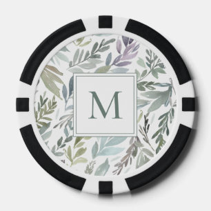 Elegantes Monogramm Grün Blau Botanische Wasserfar Pokerchips