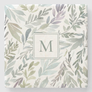 Elegantes Monogramm Grün Blau Botanische Wasserfar Steinuntersetzer