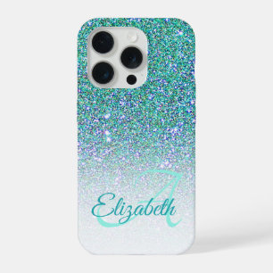 Elegantes Monogramm Grün Glitter Ombre Vorname iPhone 15 Pro Hülle