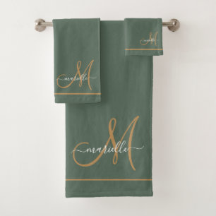 Elegantes Monogramm Grün Gold Schrift Name Badhandtuch Set