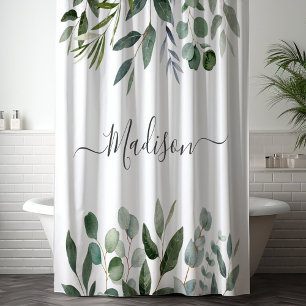 Elegantes Monogramm Grüne Eukalyptus-Tropenblätter Duschvorhang
