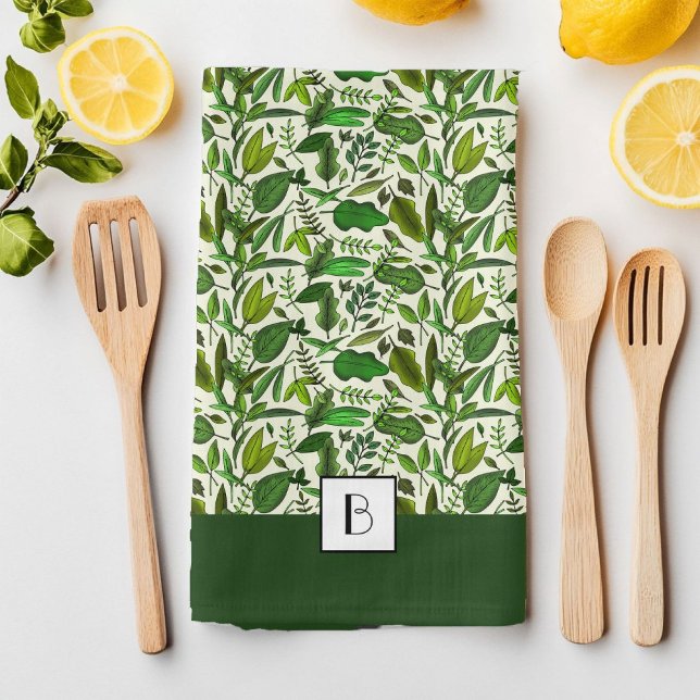 Elegantes Monogramm Grünes botanisches Muster Geschirrtuch (Elegant Monogram Green Botanical Pattern Kitchen Towel)