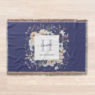 Elegantes Monogramm Hübsche Beige Blaue Blumen Flo Decke