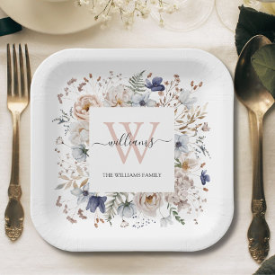 Elegantes Monogramm Hübsche Beige Blaue Blumen Flo Pappteller
