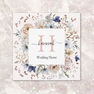 Elegantes Monogramm Hübsche Beige Blaue Blumen Flo Quadratische Visitenkarte