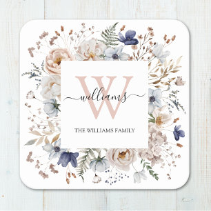 Elegantes Monogramm Hübsche Beige Blaue Blumen Flo Rechteckiger Pappuntersetzer