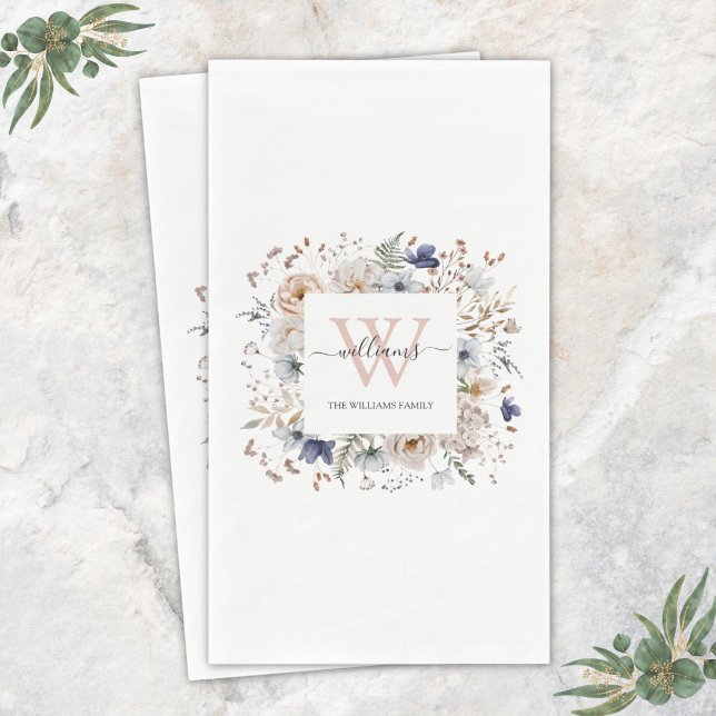 Elegantes Monogramm Hübsche Beige Blaue Blumen Flo Serviette (Von Creator hochgeladen)