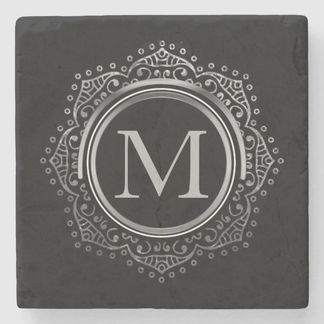 Elegantes Monogramm-Initialen-Schwarz-Silber mit Steinuntersetzer (Vorderseite)