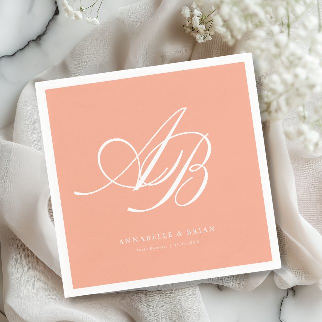 Elegantes Monogramm Korallen Hochzeit  Serviette (Elegant Monogram Coral Wedding Napkins)