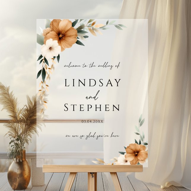 Elegantes Monogramm Kupfer Erdiges Weiß Hochzeit Acrylschild (Custom Elegant Monogram Copper Earthy Botanical Wedding Acrylic Sign with your Names & Date)