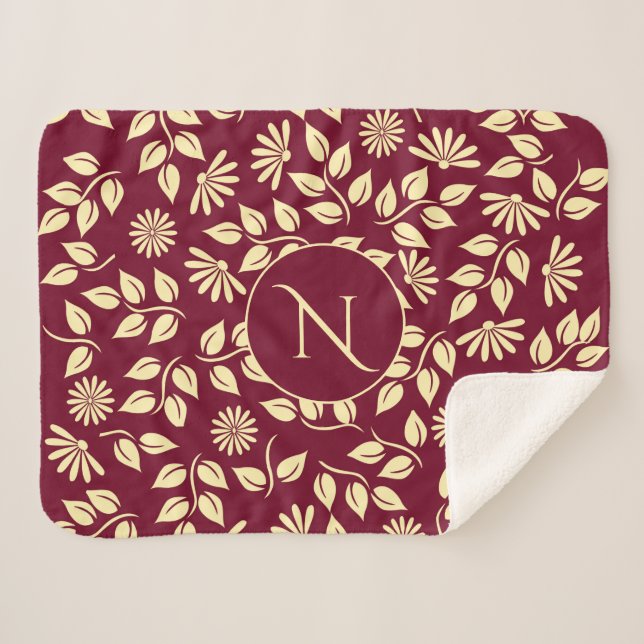 Elegantes Monogramm Leaf Daisy Muster Burgundy Bat Sherpadecke (Vorderseite (Horizontal))