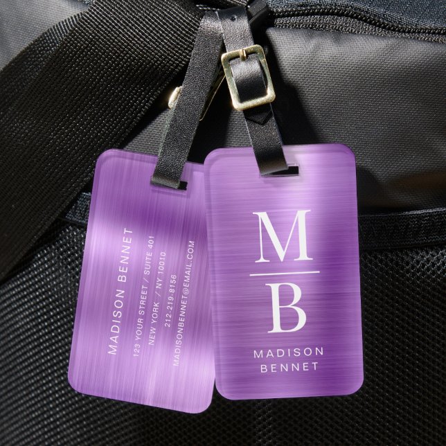 Elegantes Monogramm Lila gebürstetes Metall Gepäckanhänger (Elegant Monogram Purple Brushed Metallic Luggage Tag)
