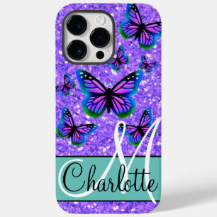 Elegantes Monogramm lila Glitzer-Schmetterlinge Case-Mate iPhone 14 Pro Max Hülle