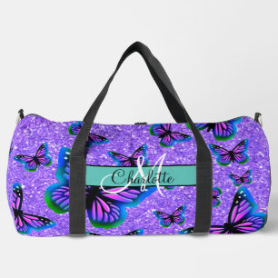 Elegantes Monogramm lila Glitzer-Schmetterlinge Duffle Bag