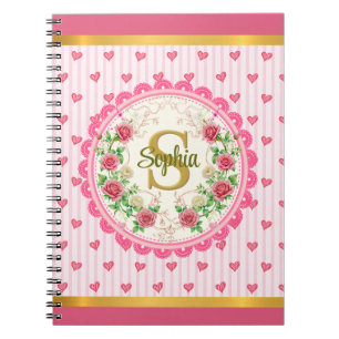 Elegantes Monogramm mit rosa Herzen und Rosen Notizblock