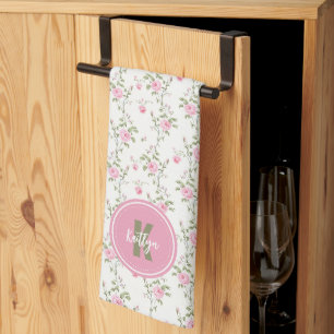 Elegantes Monogramm mit Rosenblüten-Muster Geschirrtuch