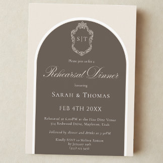 Elegantes Monogramm-Mocha-Hochzeitsprobe-Dinner In Einladung