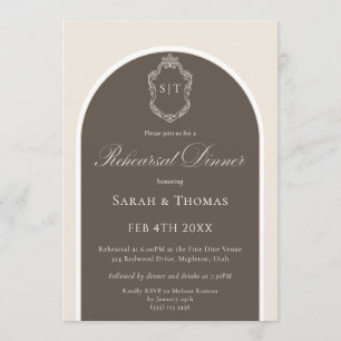 Elegantes Monogramm-Mocha-Hochzeitsprobe-Dinner In Einladung