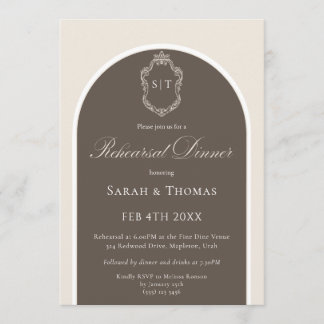 Elegantes Monogramm-Mocha-Hochzeitsprobe-Dinner In Einladung