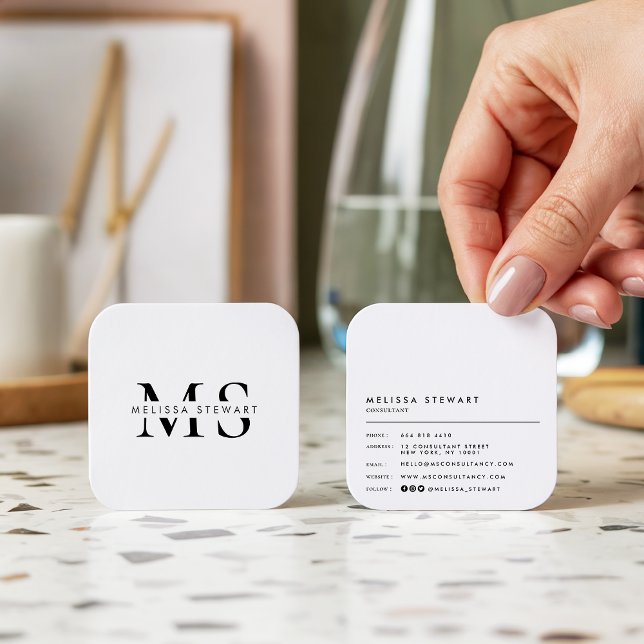 Elegantes Monogramm, modern Schwarz-weiß gerundet Quadratische Visitenkarte (Elegant monogram modern black white rounded)