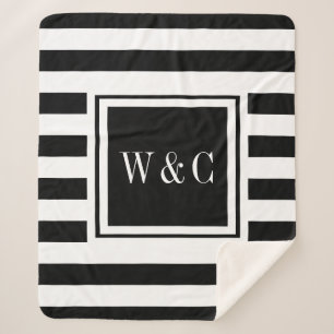 Elegantes Monogramm Modern Schwarz Weiß Streifen Sherpadecke