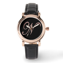 Elegantes Monogramm N Schwarz und Rose Gold Armbanduhr
