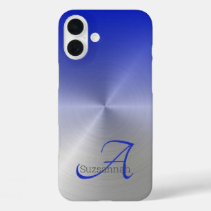Elegantes Monogramm Name Blau Ombre Faux-Metall iPhone 16 Plus Hülle