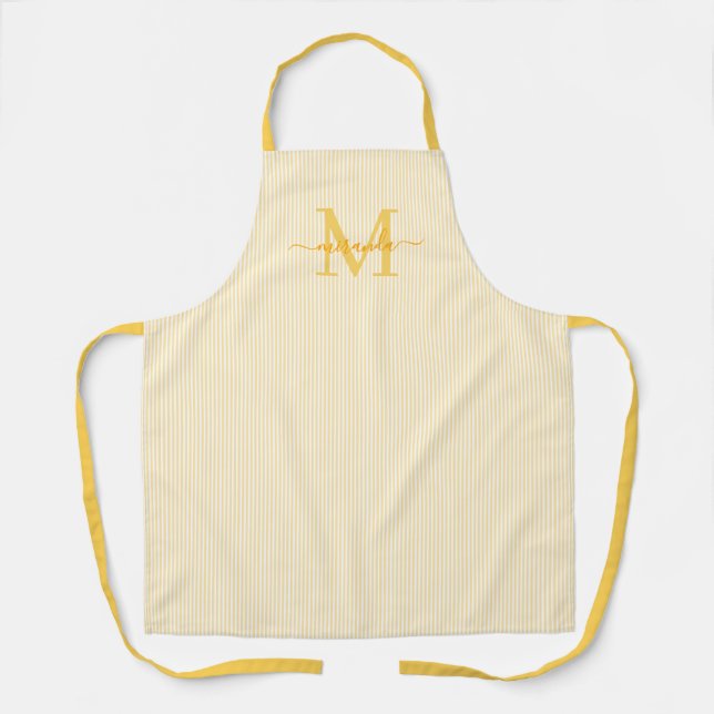 Elegantes Monogramm-Name Gelber Streifen Schürze (Vorderseite)