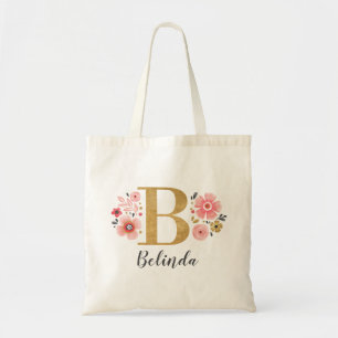 Elegantes Monogramm-Name Initial Gold Floral Tragetasche