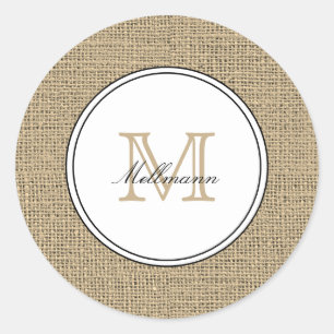 Elegantes Monogramm Name Landhausstil Jute Runder Aufkleber