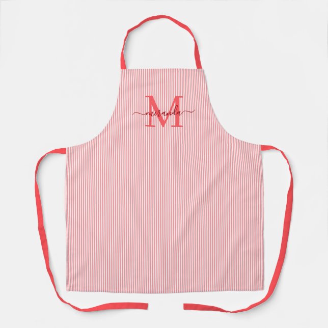 Elegantes Monogramm-Name Rot gestreift Schürze (Vorderseite)