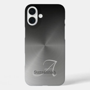 Elegantes Monogramm Name Schwarz Ombre Faux Metal iPhone 16 Plus Hülle