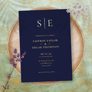 Elegantes Monogramm Navy Blau Hochzeit Gold Folieneinladung